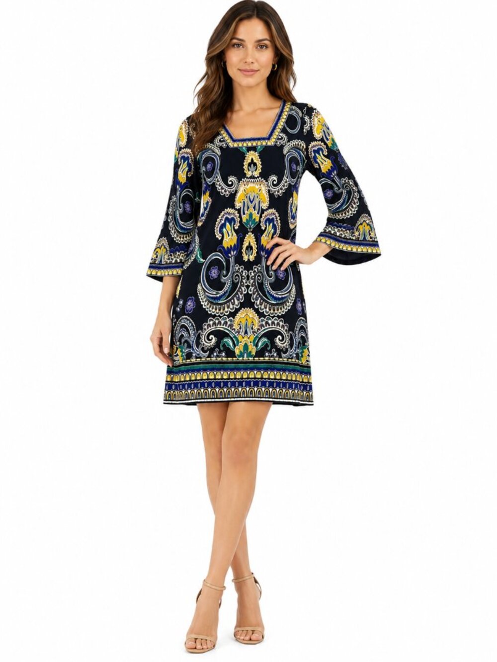 Laundry by Shelli Segal Paisley Boho Shift Dress Bell Sleeve Square Neck Sz 2